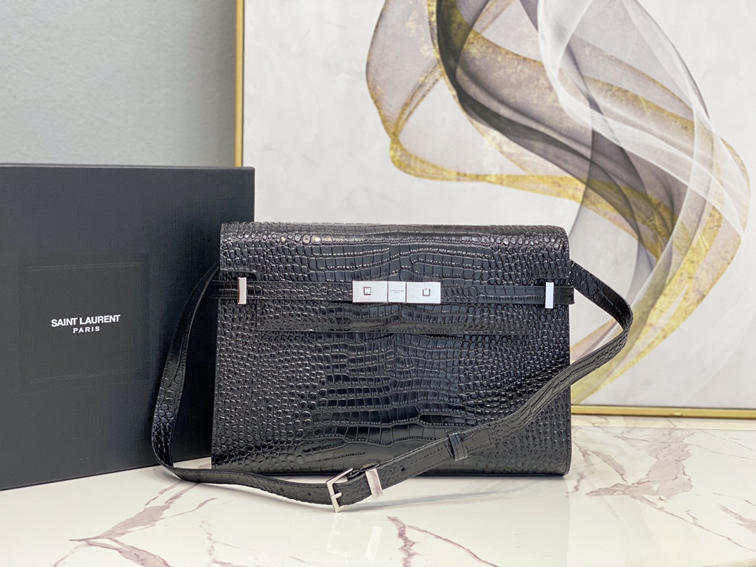 2020 Cheap Saint Laurent manhattan shoulder bag in black crocodile-embossed shiny leather with silver hardware
