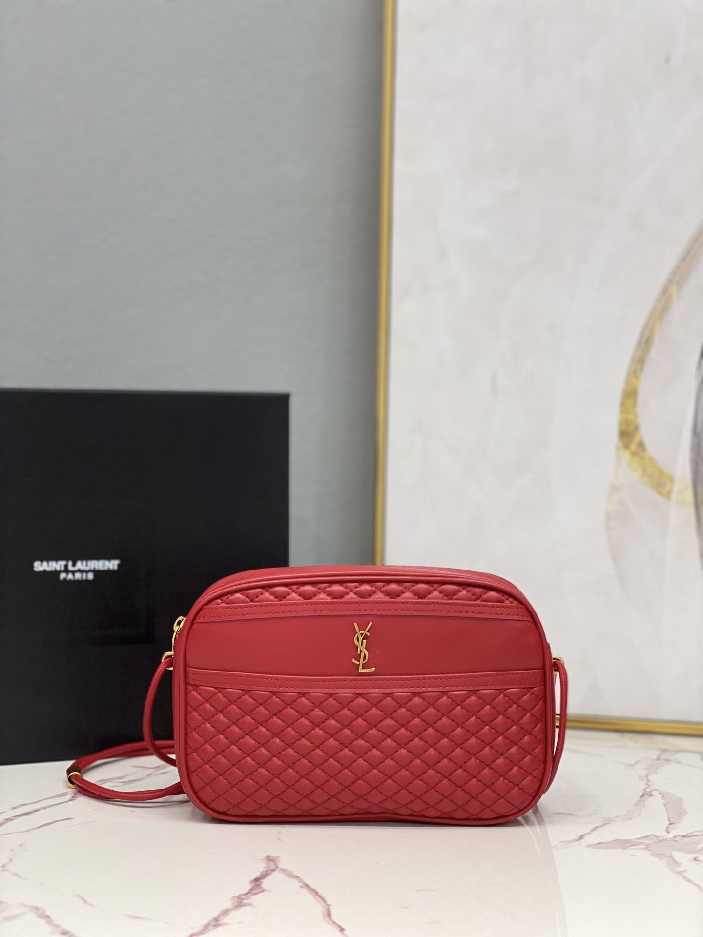 2021 Saint Laurent victoire camera bag in quilted lambskin red