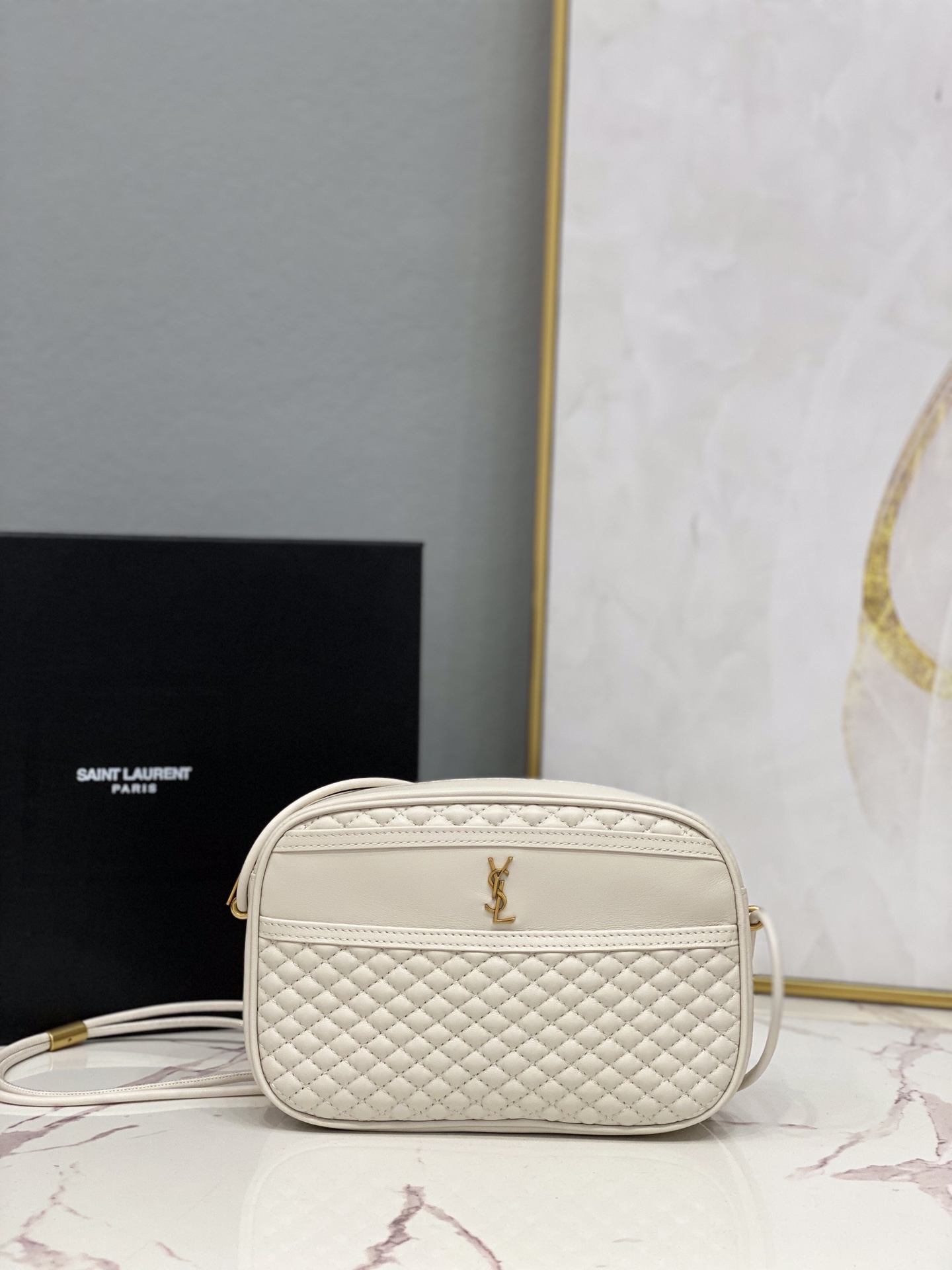 2021 Saint Laurent victoire camera bag in quilted lambskin white
