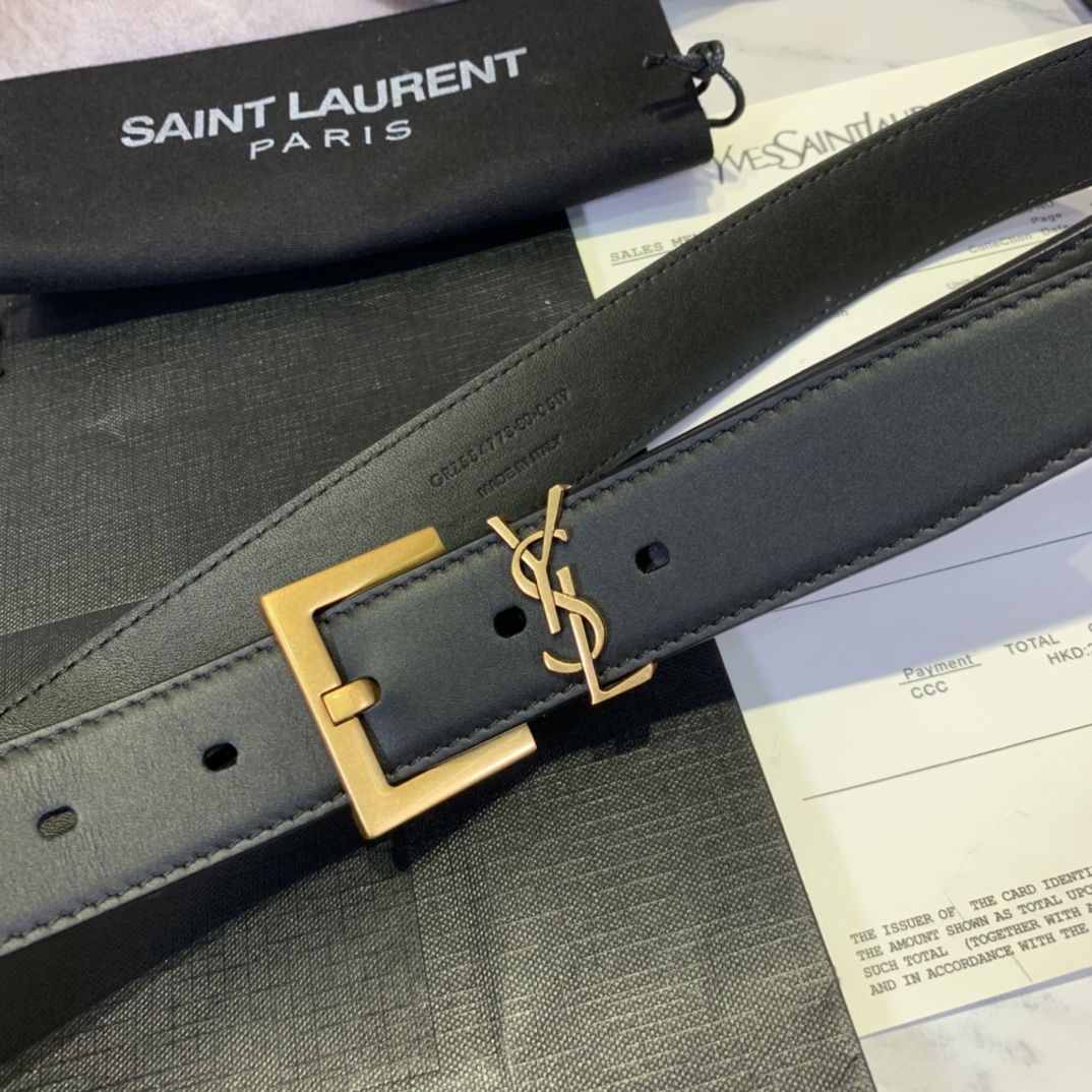 2021 Cheap Saint Laurent monogram belt with gold buckle black