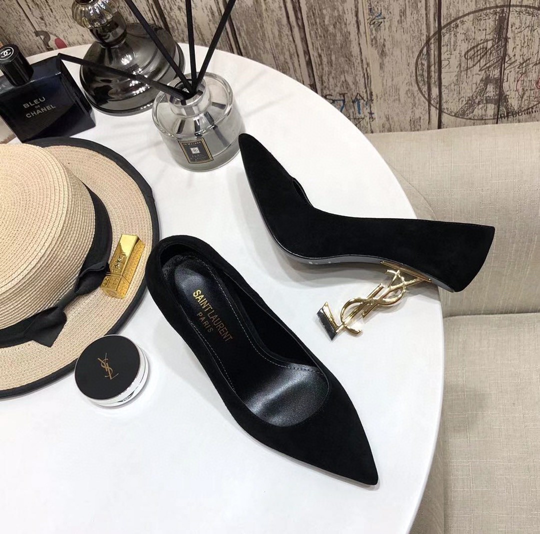 2021 cheap Saint Laruent opyum pumps in suede with pale gold-tone heel in black