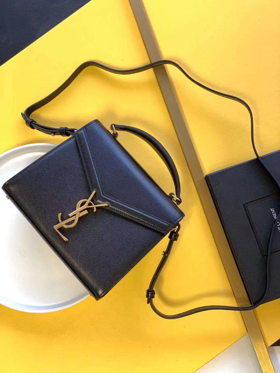 2021 cheap Saint Laurent cassandra mini top handle bag in grain de poudre embossed leather BLACK