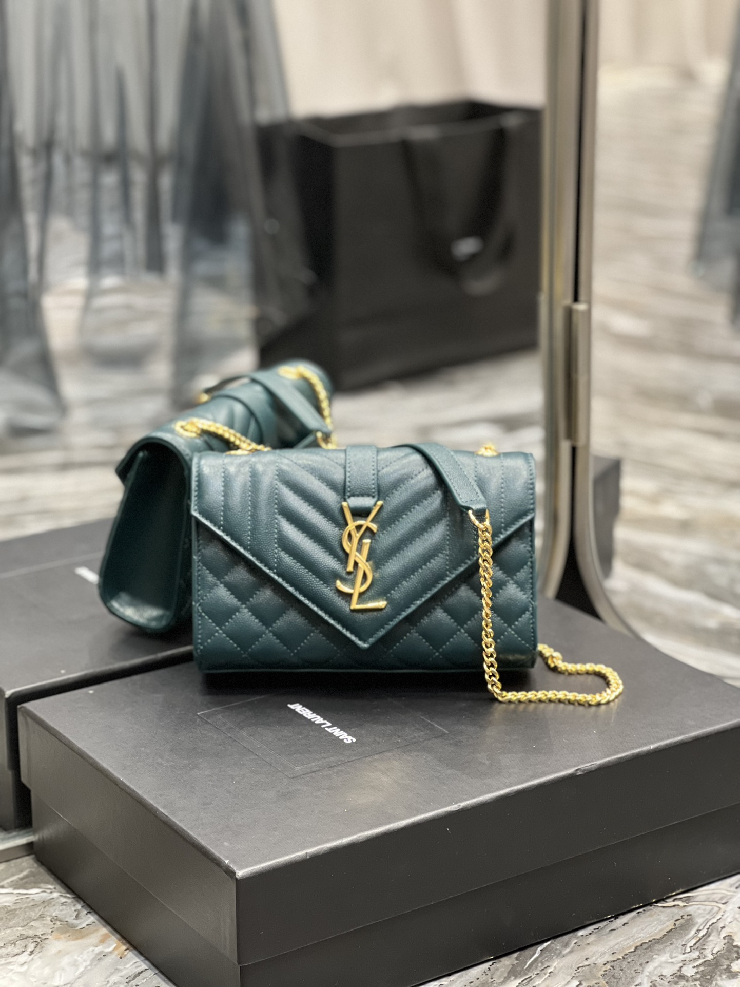 2022 cheap YSL envelope small chain bag in quilted grain de poudre embossed leather SEA TURQUOISE