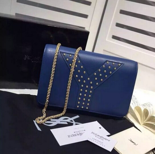 F/W 2015 New Saint Laurent Bag Cheap Sale-Saint Laurent Navy Blue Chain Clutch Wallet Bag with Studs detailing
