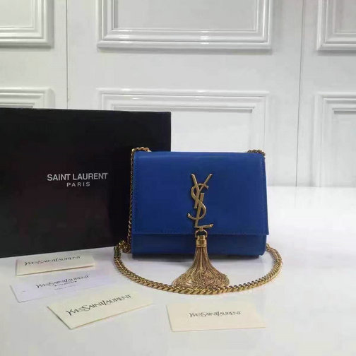 2016 Cheap Saint Laurent Bags Sale-Classic Small Monogram Tassel Satchel in blue leather