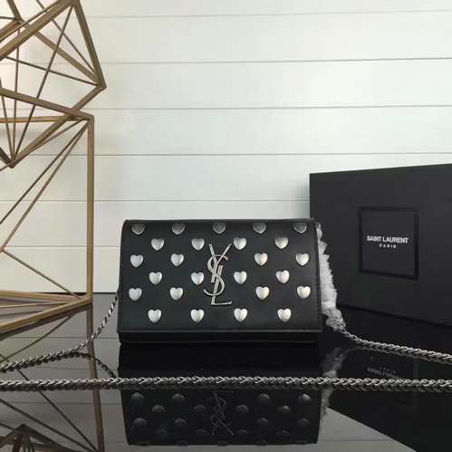YSL 2016-2017 Collection-Saint Laurent Monogram Heart Studded Chain Wallet in Black Leather and Oxidized Nickel