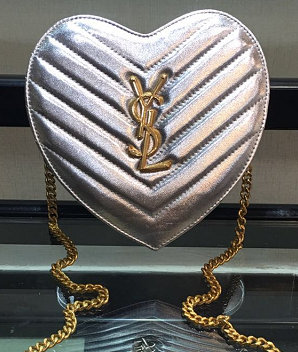 2016 Original Saint Laurent Small Love Heart Chain Bag in Silver Matelasse Leather