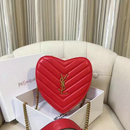 2016 Saint Laurent Bags Cheap Sale-Small Love Heart Chain Bag in Red Matelasse Leather