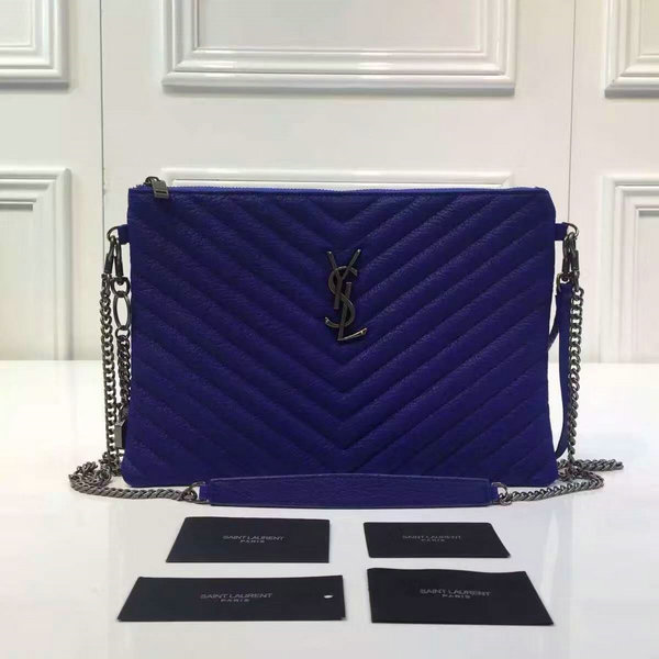 2016 A/W YSL Bags Sale-Saint Laurent Large Pouch Wallet in Blue Matelasse Leather
