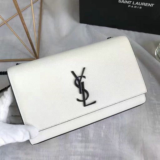 2017 Original Saint Laurent Classic Medium Kate Monogram Satchel in Dove White and Black Grain de Poudre Textured Leather