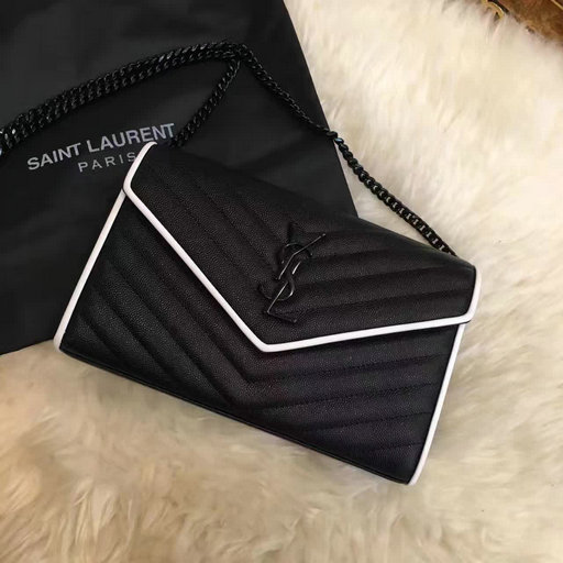 2017 Spring Saint Laurent Chain Wallet in Black and Dove White Grain de Poudre Textured Matelasse Leather