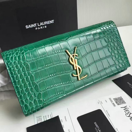 2017 New Saint Laurent Bag Sale-YSL Classic Monogram Clutch in Green Embossed Crocodile Leather