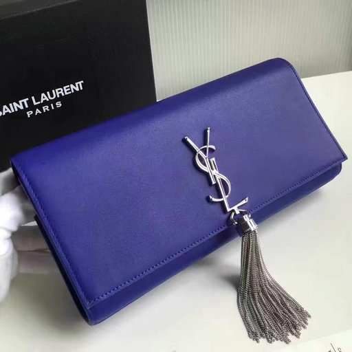 2017 New Saint Laurent Bag Sale-YSL Tassel Clutch in Blue Calf Leather and Silver-Toned Metal