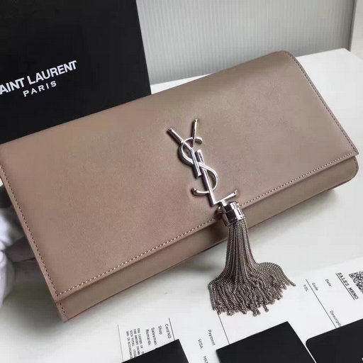 2017 New Saint Laurent Bag Sale-YSL Tassel Clutch in Taupe Calf Leather and Silver-Toned Metal