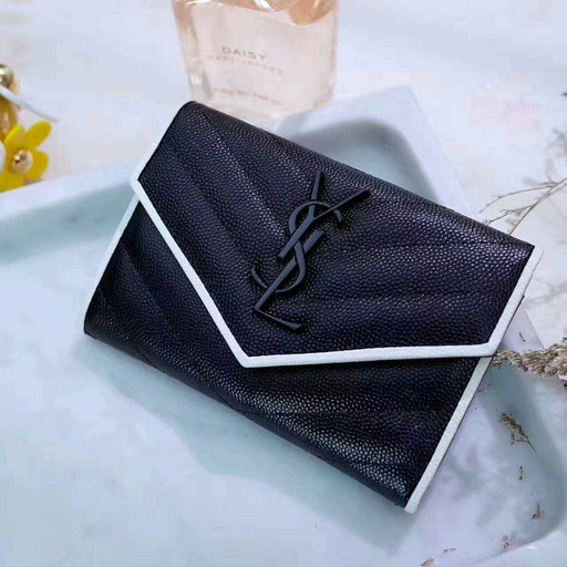 2017 Saint Laurent Small Monogram Envelope Wallet in Black and Dove White Grain de Poudre Textured Matelasse Leather