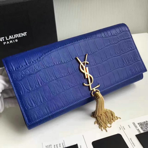 2017 New Saint Laurent Bag Sale-YSL Classic Tassel Clutch in Blue Embossed Crocodile Leather