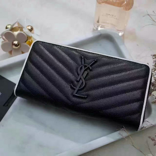 2017 Spring Saint Laurent Monogram Zip Around Wallet in Black and Dove White Grain de Poudre Textured Matelasse Leather