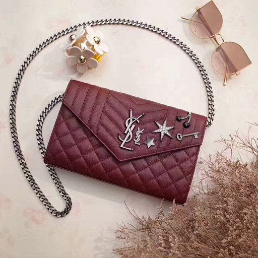 YSL 2017 Collection-Saint Laurent Monogram Charms Chain Wallet in Burgundy