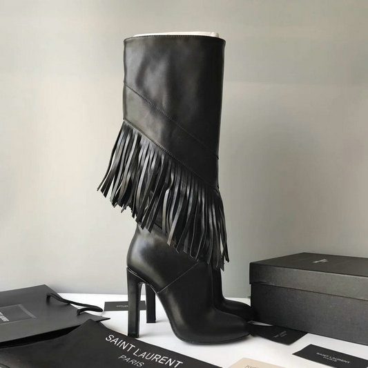2017 New Saint Laurent 105 Fringed Knee-High Boot in Black Leather