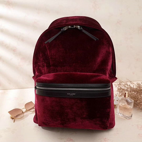 2017 F/W Saint Laurent City Backpack in Dark Red Velvet and Leather