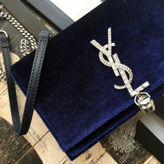2017 F/W Saint Laurent Kate Chain and Tassel Wallet in Dark Blue Velvet and Crystals - Click Image to Close