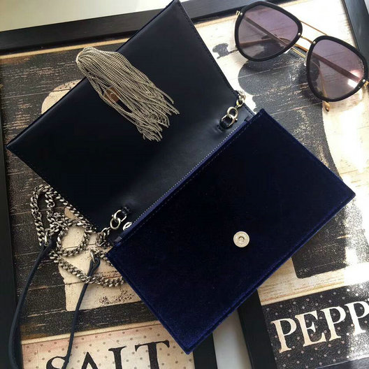 2017 F/W Saint Laurent Kate Chain and Tassel Wallet in Dark Blue Velvet and Crystals - Click Image to Close
