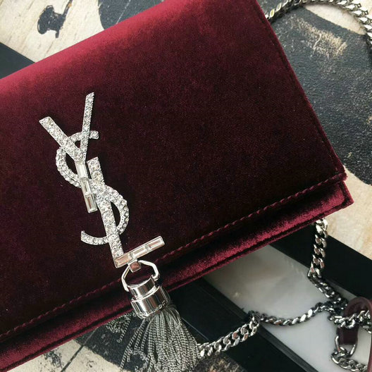 2017 F/W Saint Laurent Kate Chain and Tassel Wallet in Bordeaux Velvet and Crystals - Click Image to Close