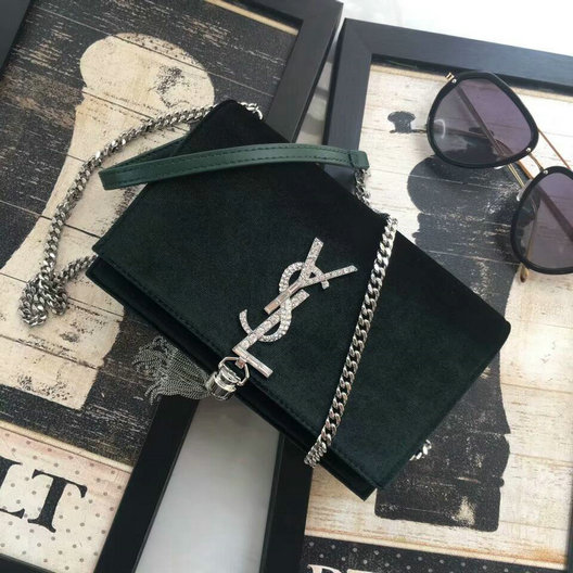 2017 F/W Saint Laurent Kate Chain and Tassel Wallet in Dark Green Velvet and Crystals