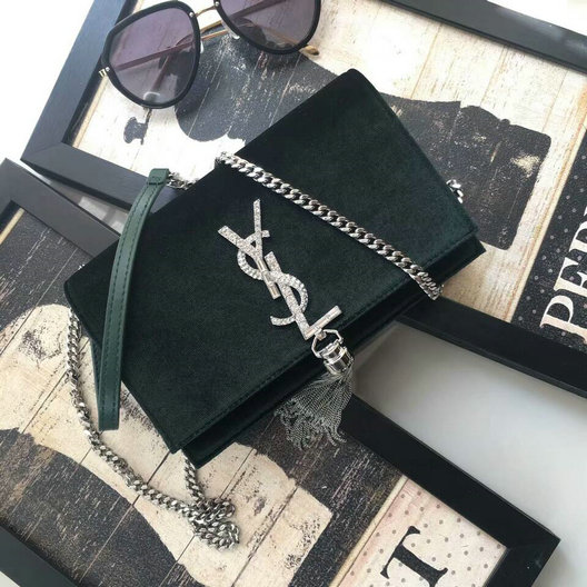 2017 F/W Saint Laurent Kate Chain and Tassel Wallet in Dark Green Velvet and Crystals - Click Image to Close
