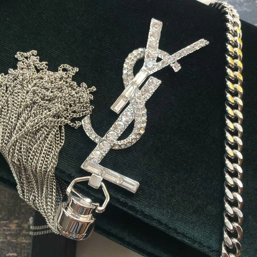2017 F/W Saint Laurent Kate Chain and Tassel Wallet in Dark Green Velvet and Crystals - Click Image to Close