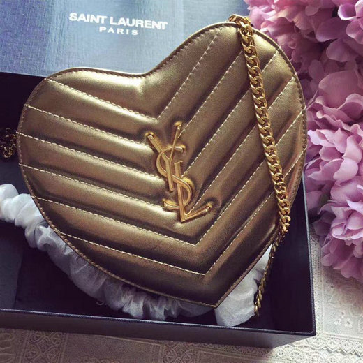 2016 Original Saint Laurent Small Love Heart Chain Bag in Gold Matelasse Leather