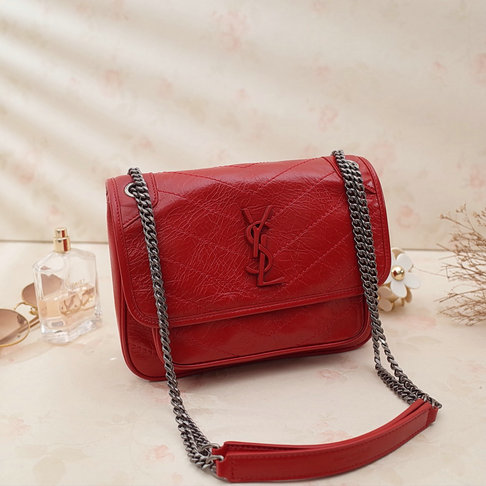 2018 S/S Saint Laurent Baby Niki Chain Bag in Red Crinkled and Quilted Leather