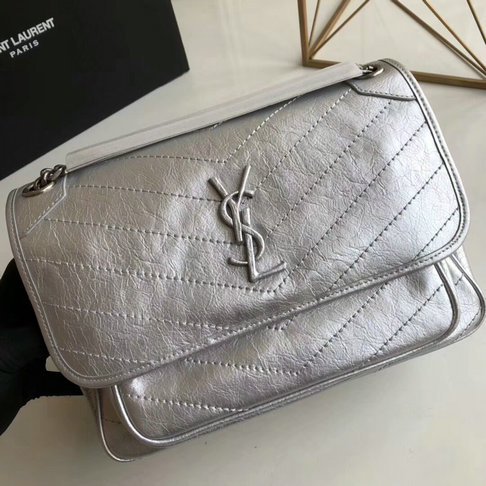 2018 S/S Saint Laurent Medium Niki Chain Bag in vintage crinkled and quilted silver leather