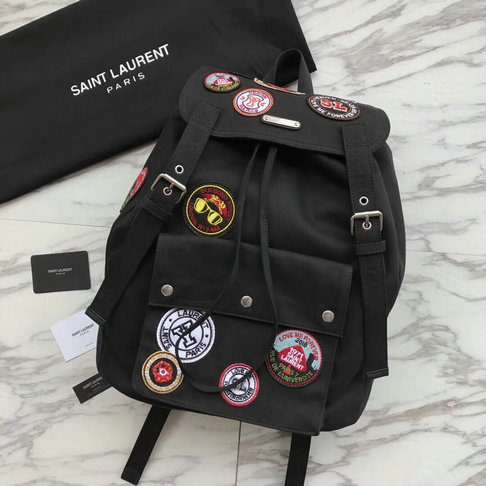 2018 Saint Laurent Noe Patchwork Canvas Backpack in Black