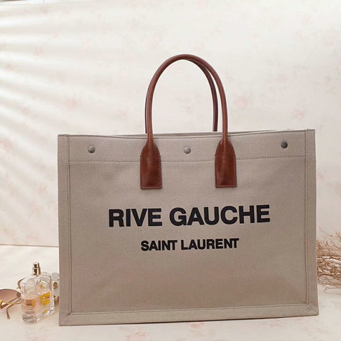 2018 S/S Saint Laurent Rive Gauche Tote Bag in Beige Linen and Brown Leather