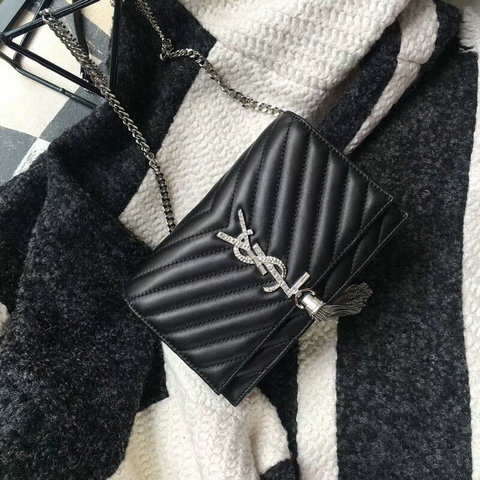 2018 Saint Laurent Chain and Tassel Wallet in Black Matelasse Leather