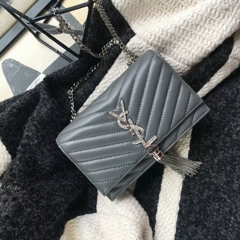 2018 Saint Laurent Chain and Tassel Wallet in Grey Matelasse Leather