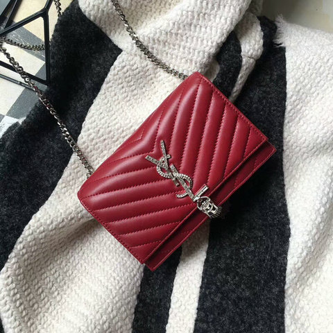 2018 Saint Laurent Chain and Tassel Wallet in Red Matelasse Leather