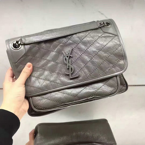 2018 S/S Saint Laurent Medium Niki Chain Bag in vintage crinkled and quilted grey leather