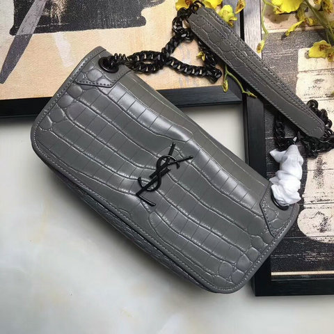2018 S/S Saint Laurent Small Niki Chain Bag in Grey Crocodile Embossed Leather