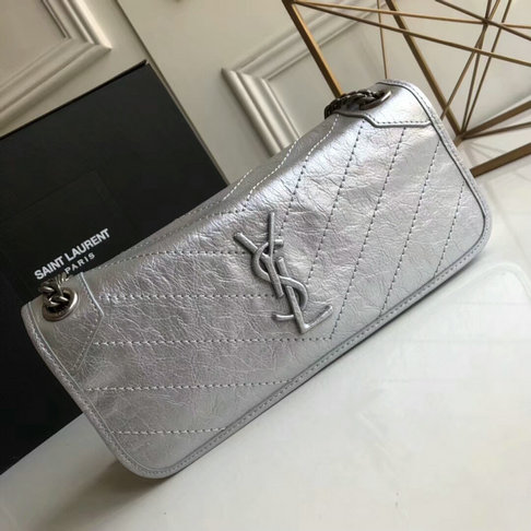 2018 S/S Saint Laurent Small Niki Chain Bag in Silver Vintage Crinkled Leather