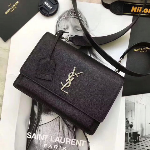 2019 S/S Saint Laurent Medium Sunset Bag in Black Grained Leather