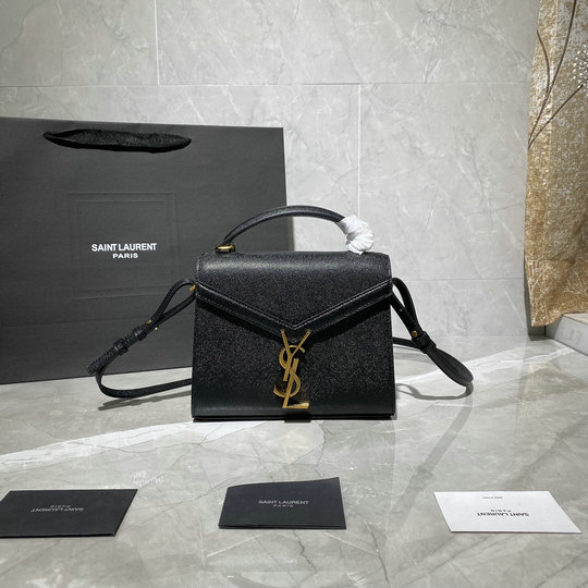 2020 Saint Laurent Cassandra Mini Top Handle Bag in black grain de poudre embossed leather