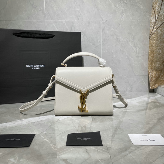 2020 Saint Laurent Cassandra Mini Top Handle Bag in vintage white grain de poudre embossed leather