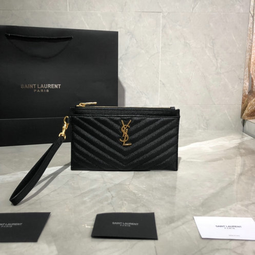 2019 Saint Laurent MONOGRAM Large bill pouch in black grain de poudre embossed leather