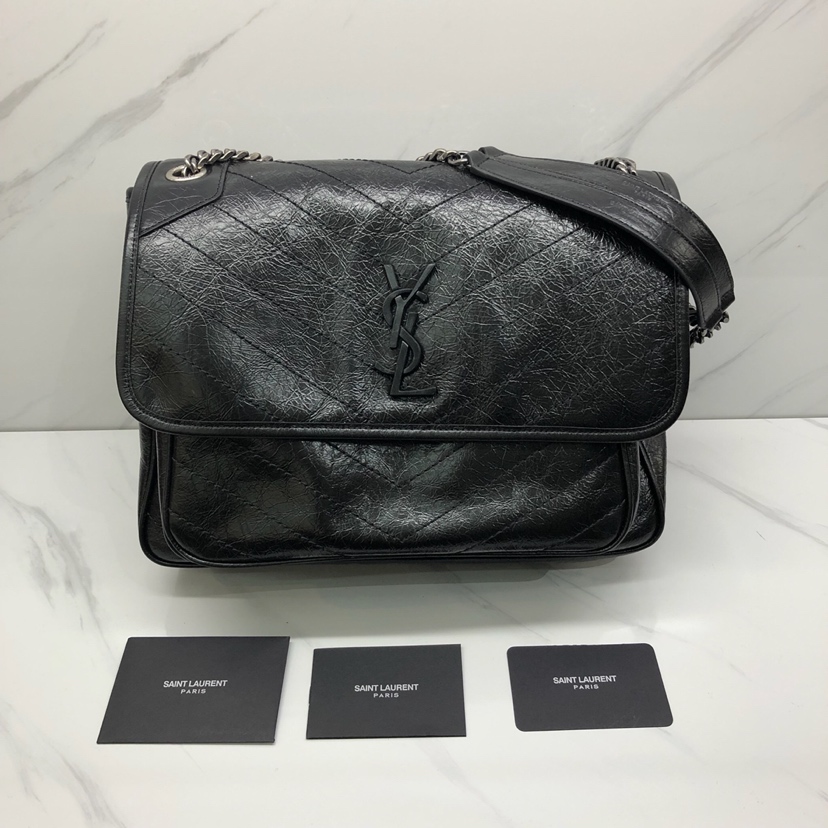 YSL Large Monogramme Niki Chain Bag in Black Vintage Crinkled Leather