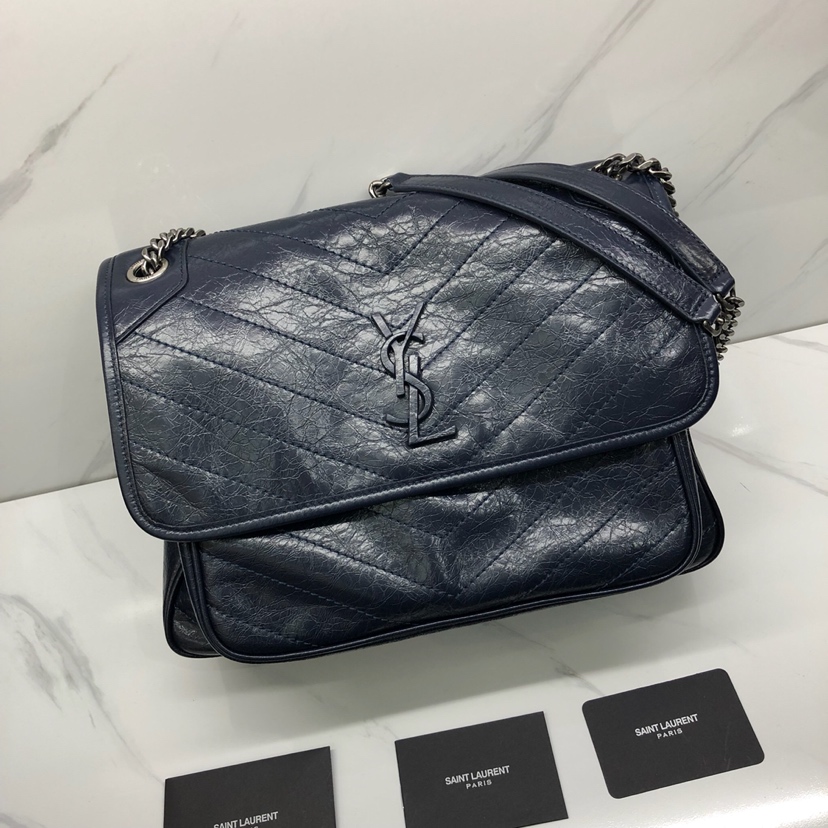 2019 S/S Saint Laurent Large Niki Chain Bag in vintage crinkled and quilted dark blue leather
