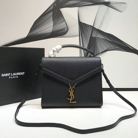 2020 Saint Laurent Cassandra Medium Top Handle Bag in black grain de poudre embossed leather