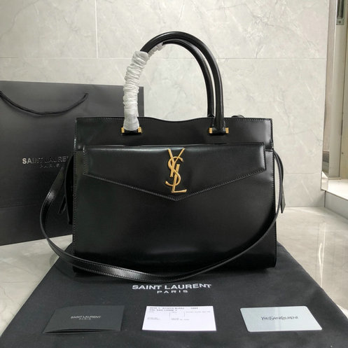 2019 S/S Saint Laurent Medium Uptown Tote in black glazed leather