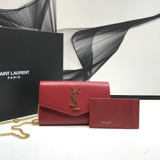 2019 Saint Laurent UPTOWN chain wallet in red grain de poudre embossed leather